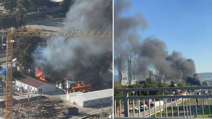 İzmirde inşaat şantiyesinde korkutan yangın Alevler 2 otomobile sıçradı