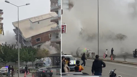 Gaziantepte panik anları Ağır hasarlı bina yıkım sırasında korna sesiyle yıkıldı