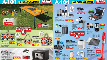 SATIŞTA A101 ALDIN ALDIN AFİŞİ 26 ŞUBAT 2026 || A101 bu hafta aktüel kataloğu indirimli ürünleri neler A101 broşürü ile tiny house, elektronik para kasası, akıllı hava temizleyici ve sprey mop raflarda...