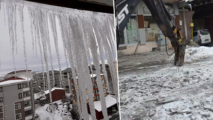 Kentte 20 santimetre kalınlığında buz tabakaları oluştu: İş makinesi devreye girdi