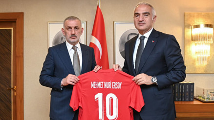 Bakan Ersoy, TFF Başkanı Hacıosmanolunu kabul etti: Futbolcularla küresel tanıtım hamlesi masada