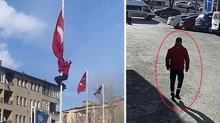 Rüzgarda dolanan bayrağı düzeltmek için 15 metrelik direğe tırmandı; o anlar görüntülendi