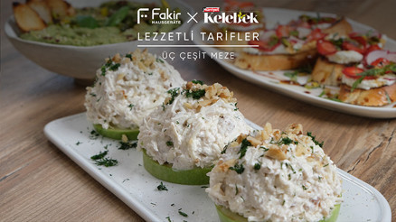 Üç Çeşit Meze: Fesleğenli Humus, Yeşil Elmalı Kereviz Salatası, Çilekli Balsamikli Crostini