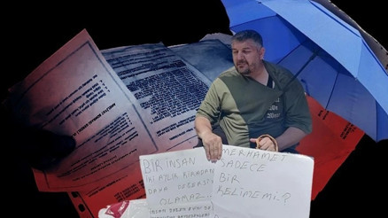 Evden çıkarılan kalp hastası kiracıdan Benim kalbim hasta, senin vicdanın yazılı pankartla eylem