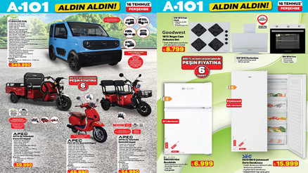 YENİ A101 KATALOG BU HAFTA İNDİRİMLERİ 16 TEMMUZ 2026 || A101 Aldın Aldın afişi yeni indirimleri neler A101 broşürü ile elektrikli araç, overlok makinesi, derin dondurucu, akıllı kamera, gölgelikli salıncak, ayakkabı kurutma makinesi geliyor