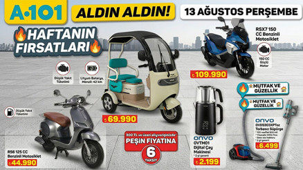 ŞİMDİ SATIŞTA A101 13 AĞUSTOS 2026 KATALOĞU İNDİRİMLİ ÜRÜNLER || A101 aktüel bu hafta Aldın Aldın indirim afişinde neler var A101 online güncel broşürü ile Üç Tekerlekli Moped, Benzinli Motosiklet, Pompalı Termos geliyor