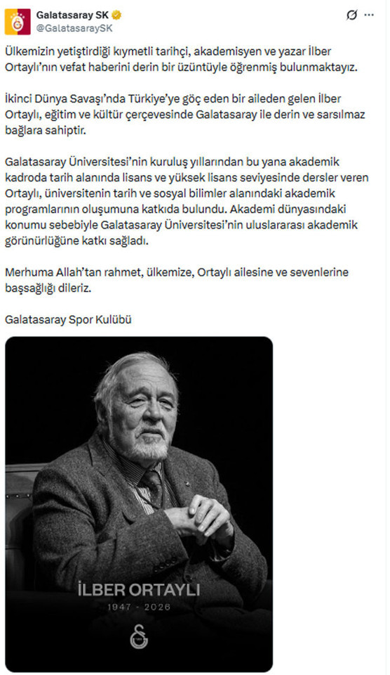 İlber Ortaylının vefatı sonrası Türk spor camiasından taziye mesajları: TFF, Beşiktaş, Fenerbahçe, Galatasaray ve Trabzonspor...