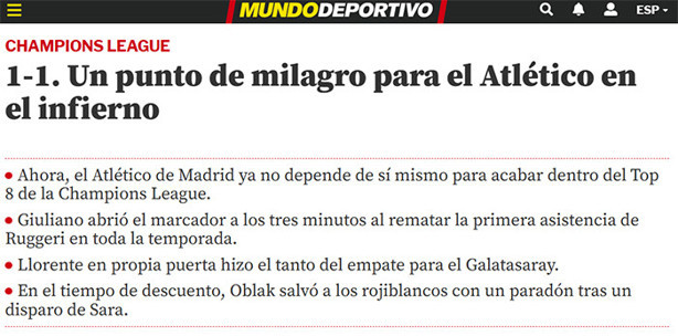 İspanya, Atletico Madridin Galatasaray maçını konuşuyor Cehennemde mucizevi 1 puan Simeonenin hesapları tutmuyor