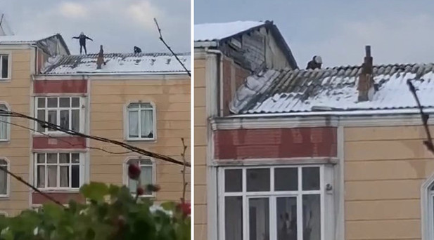 ÇOCUKLARIN ÇATIDA KAR İLE TEHLİKELİ OYUNLARI KAMERADA