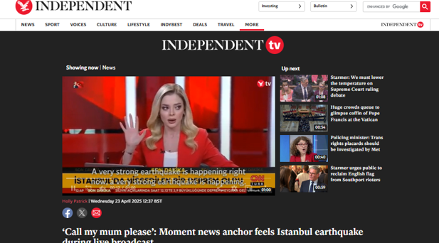 The Independent: Lütfen annemi arayın... Haber spikeri canlı yayında İstanbul depremini hissetti