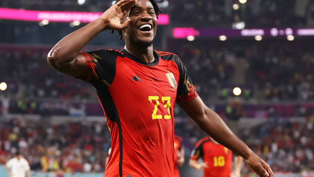 DOHA, QATAR - NOVEMBER 23: Michy Batshuayi of Belgium celebrates scoring their first goal during the FIFA World Cup Qatar 2022 Group F match between Belgium and Canada at Ahmad Bin Ali Stadium on November 23, 2022 in Doha, Qatar. (Photo by Clive Brunskill/Getty Images)