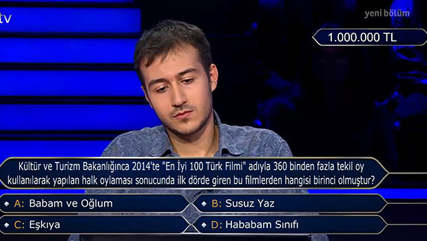Kim Milyoner Olmak İster 1 milyon TLlik soru ve cevabı: 2014te En iyi 100 Türk Filmi adıyla 360 binden fazla tekil oy kullanılarak yapılan halk oylaması sonucunda ilk dörde giren bu filmlerden hangisi birinci olmuştur İşte doğru cevap Kim Milyoner Olmak İster 1 milyon TLlik soru ve cevabı: 2014te En iyi 100 Türk Filmi adıyla 360 binden fazla tekil oy kullanılarak yapılan halk oylaması sonucunda ilk dörde giren bu filmlerden hangisi birinci olmuştur İşte doğru cevap