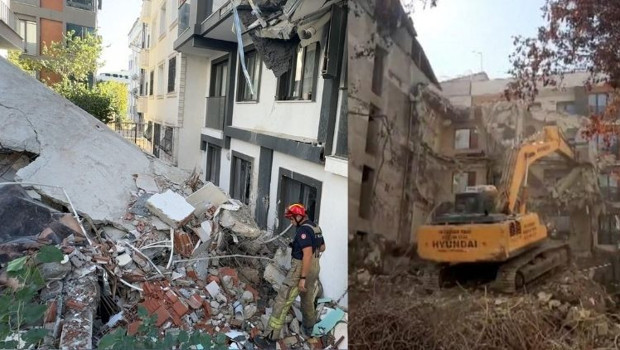 Yıkım sırasında devrilen binayı iş makinesi ile tutmaya çalıştılar