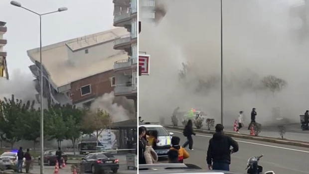 Gaziantep'te panik anları! Ağır hasarlı bina yıkım sırasında korna sesiyle yıkıldı