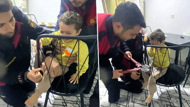 İtfaiyeci baba, oğlunu sıkıştığı sandalyeden kurtardı