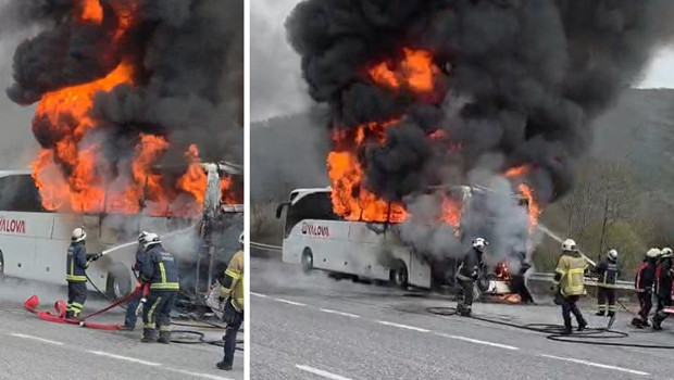 Yalova'da panik anları: Yolcu otobüsü seyir halindeyken alev aldı