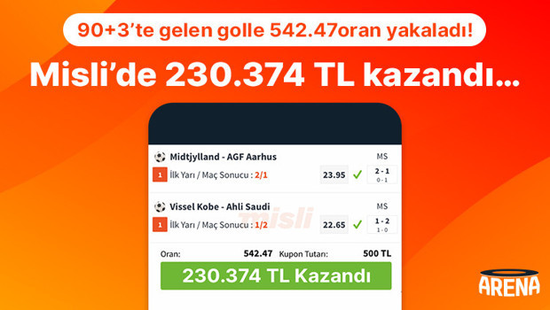 90+3’te gelen golle 542.47 oran yakaladı! Misli’de 230.374 TL kazandı…