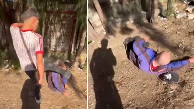 İzmir'de şoke eden olay! Görüntüler büyük tepki çekti: Uyuyan yaşlı adamın yüzüne tekme atıp sosyal medyada paylaştılar