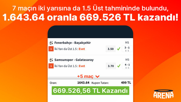 7 maçın iki yarısına da 1.5 Üst tahmininde bulundu, 1.643.64 oranla 669.526 TL kazandı!