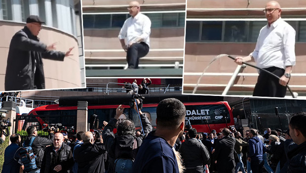 CHP genel merkezinde dikkat çeken anlar: Özel destekçileri parti otobüslerini bina önüne çekti, Mahmut Tanal hortumla bekliyor