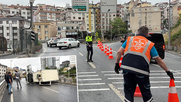 Şişli Bomonti Tünel çıkışında kamyonet devrildi: Yol trafiğe kapandı