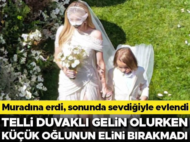 Ünlü oyuncu muradına erdi… Telli duvaklı gelin olurken küçük oğlunun elini bırakmadı