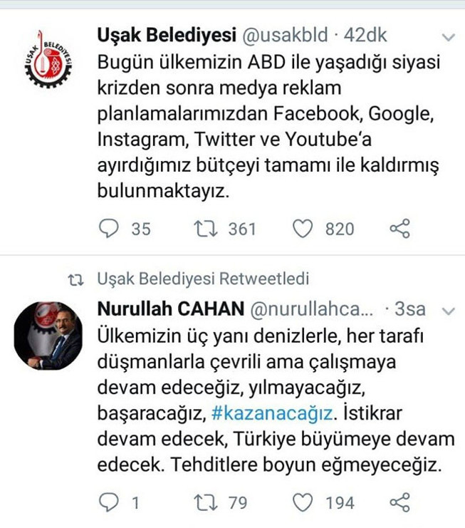 Uşak Belediyesinden ABDye yaptırım