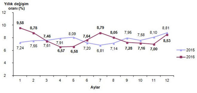 2016 yılı enflasyonu yüzde 8.53 oldu