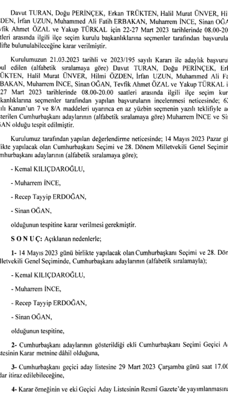 Cumhurbaşkanlığı seçimi geçici aday listesi yayımlandı Geçici aday listesi Resmi Gazetede