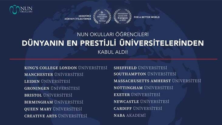 NUN Okulları öğrencileri dünyanın en prestijli üniversitelerinden kabul aldı