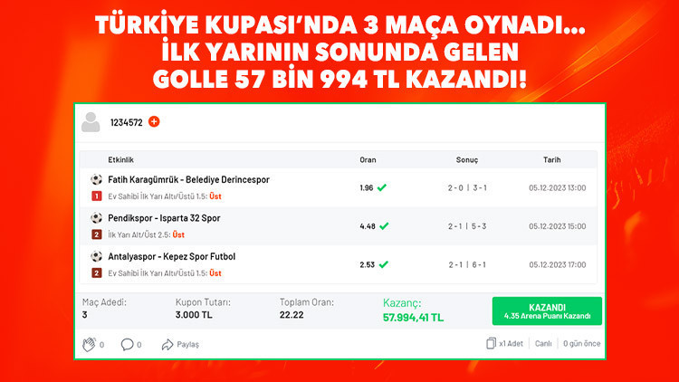 3 maçlık iddaa kuponu yaptı, 45 dakikada 57 bin 994 TL kazandı Ziraat Türkiye Kupası...