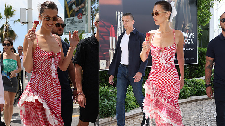 Bella Hadidden sessiz Filistin eylemi... Kendi sustu kefiye elbisesi konuştu...