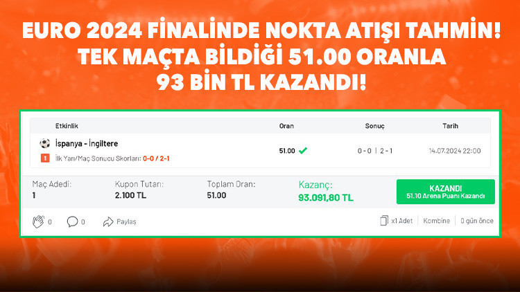 EURO 2024 finalinde tarihe geçen iddaa kuponu İY/MS skoru bildi ve 93 bin TL kazandı...