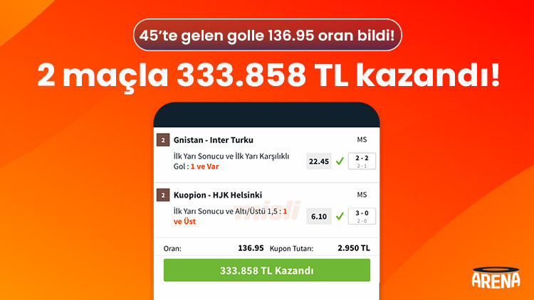 45’te gelen golle 136.95 oran bildi 2 maçla 333.858 TL kazandı 45’te gelen golle 136.95 oran bildi 2 maçla 333.858 TL kazandı