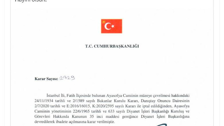 Cumhurbaşkanı Erdoğan: Ayasofya, inşallah ebediyen özgür kalacak