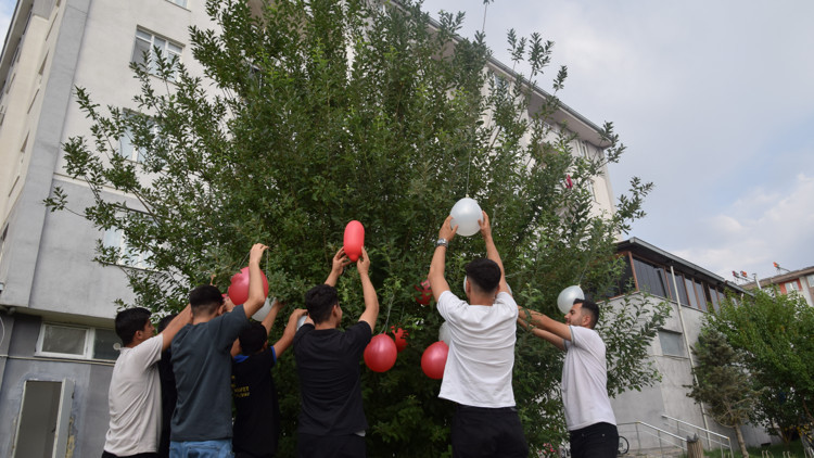Liseliler, orman yangınlarına dikkat çekmek için ağaçlara balon astı