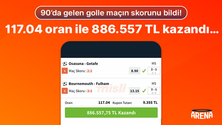 90’da gelen golle maçın skorunu bildi 117.04 oran ile 886.557 TL kazandı…