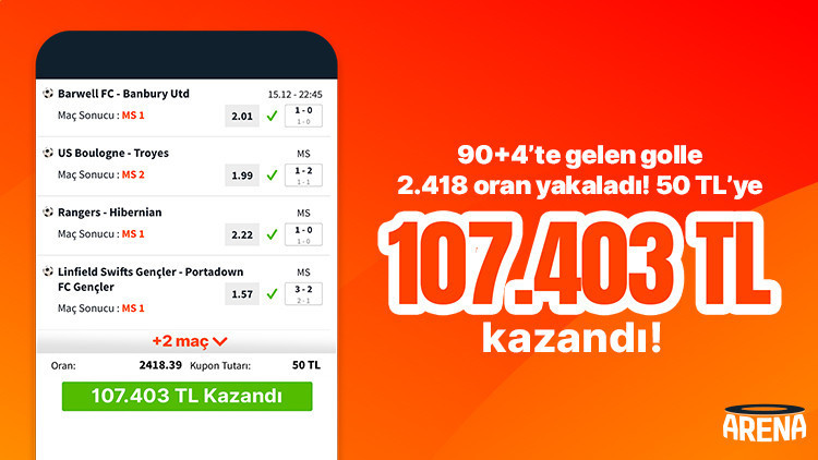 90+4’te gelen golle 2.418 oran yakaladı 50 TL’ye 107.403 TL kazandı… 90+4’te gelen golle 2.418 oran yakaladı 50 TL’ye 107.403 TL kazandı…