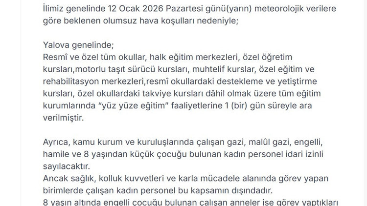 Yalova’da eğitime 1 gün ara verildi Yalova’da eğitime 1 gün ara verildi
