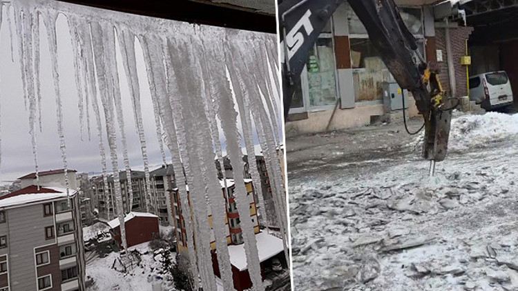 Kentte 20 santimetre kalınlığında buz tabakaları oluştu: İş makinesi devreye girdi