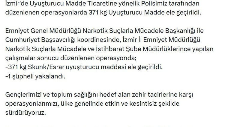 İzmirde 371 kilogram uyuşturucu ele geçirildi