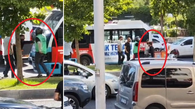 Yol verme kavgasında motokuryeden minibüse kasklı saldırı
