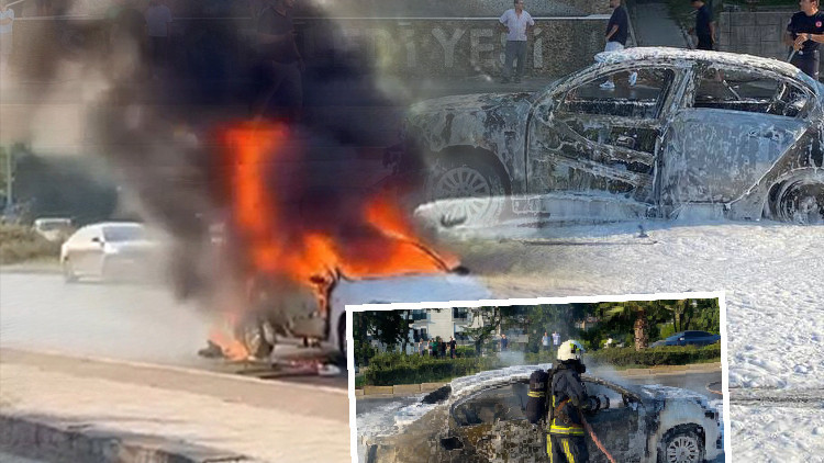 Seyir halindeyken yanan otomobil küle döndü Seyir halindeyken yanan otomobil küle döndü