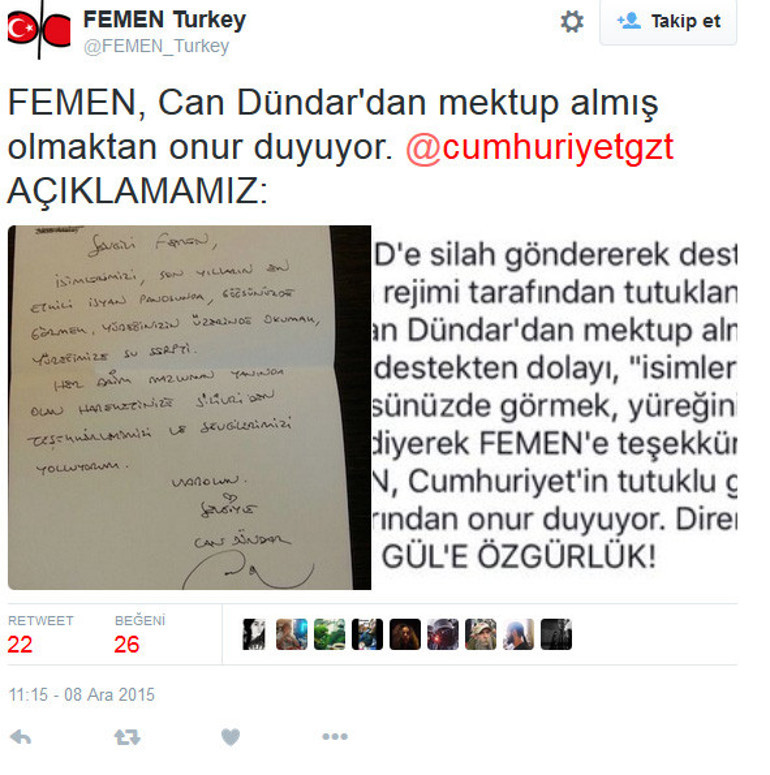 Can Dündar’dan FEMEN’e mektup