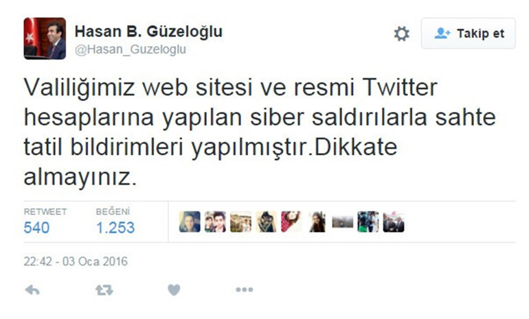 Kocaeli Valiliği’nin twitter hesabı hacklendi, okulların tatil olduğu tweet’i atıldı