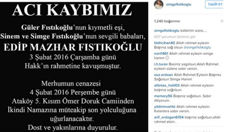 Simge Fıstıkoğlunun babası Edip Mazhar Fıstıkoğlu hayatını kaybetti
