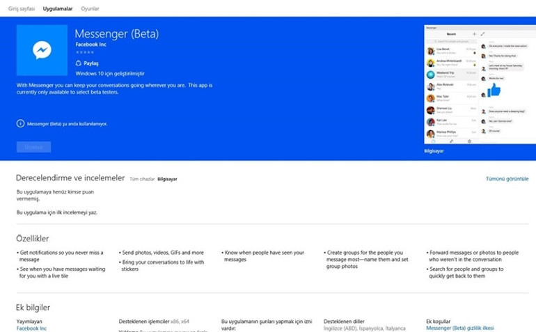 Facebook Messenger Windows 10a geldi