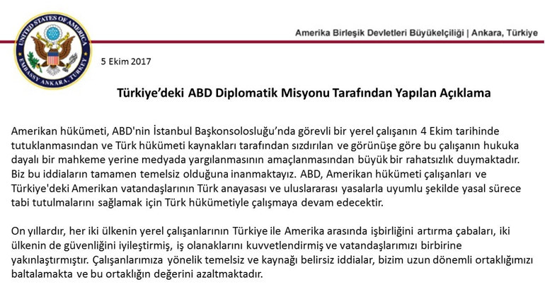 ABD Büyükelçiliğinden konsolosluk çalışanının tutuklanmasına tepki