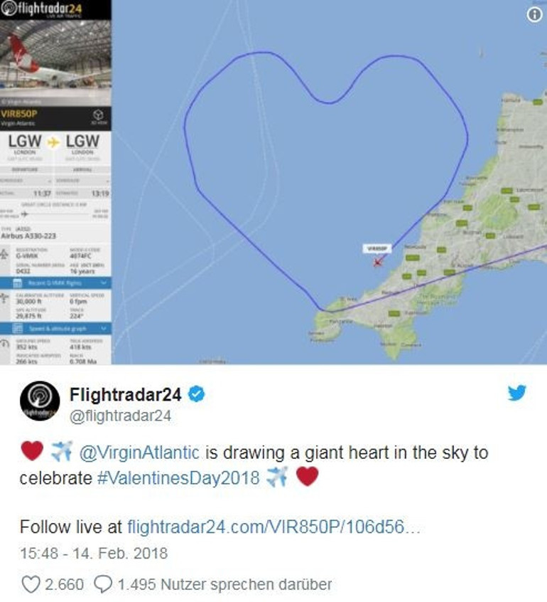 Aşık pilot, aşkı için gökyüzünde kalp rotası çizdi
