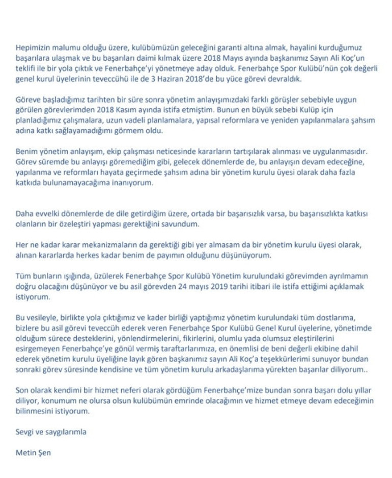Son Dakika: Fenerbahçe Yönetim Kurulu Üyesi Metin Şen istifa etti